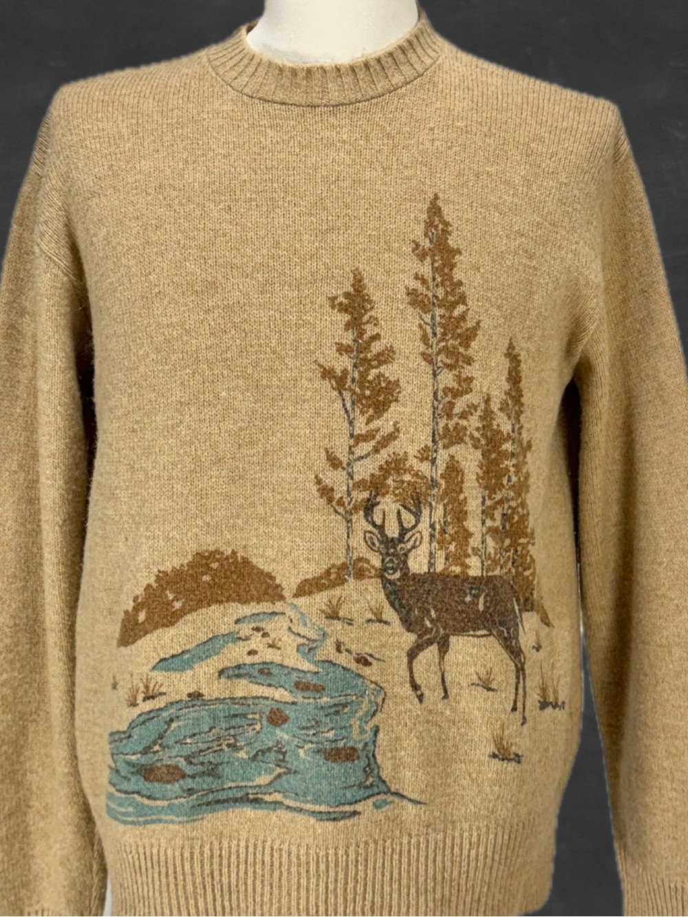 VINTAGE woodland deer landscape graphic sweater Sears Kings Road mountain stream